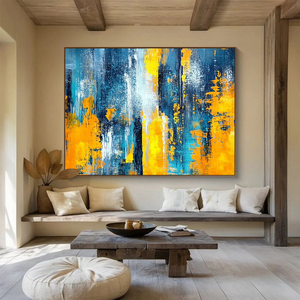 Horizontal Blue, Gray, and Gold Textured Abstract Painting WB266