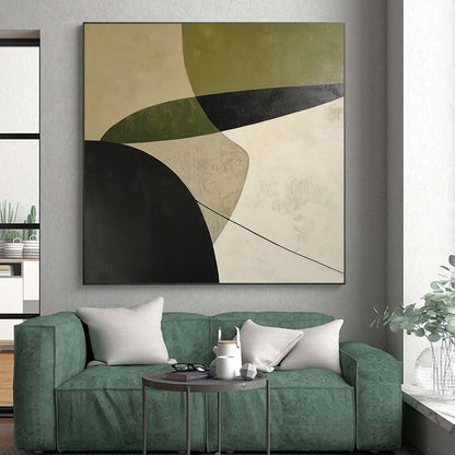Handmade Art Green, Black, and Beige Geometric Abstract Art HS188