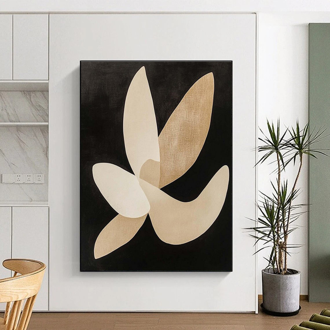 Hand Painted Art Beige & Black Organic Abstract, Acrylic Modern Art Paintings HS325