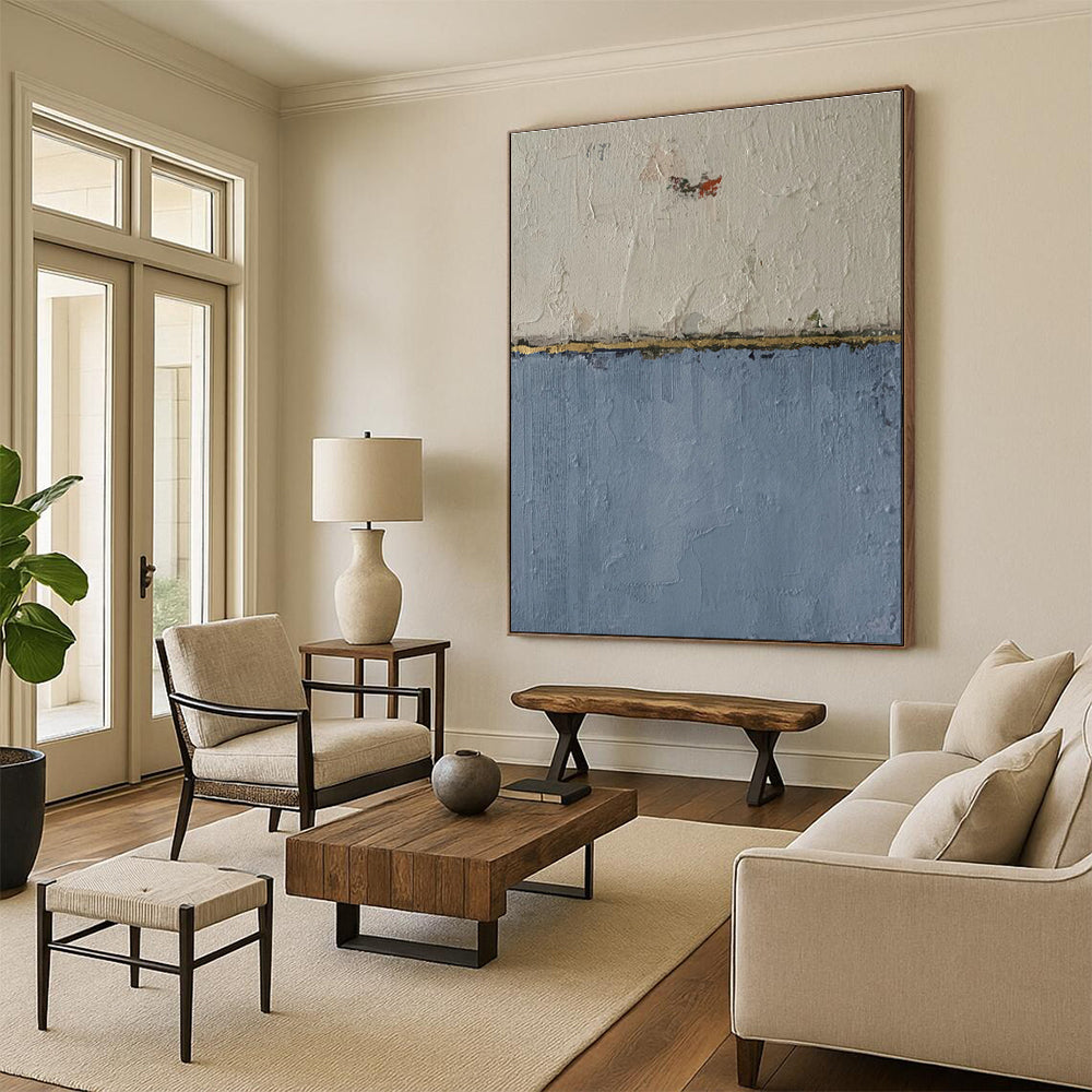 White, Blue, and Gold Textured Abstract Painting For Sale WS509