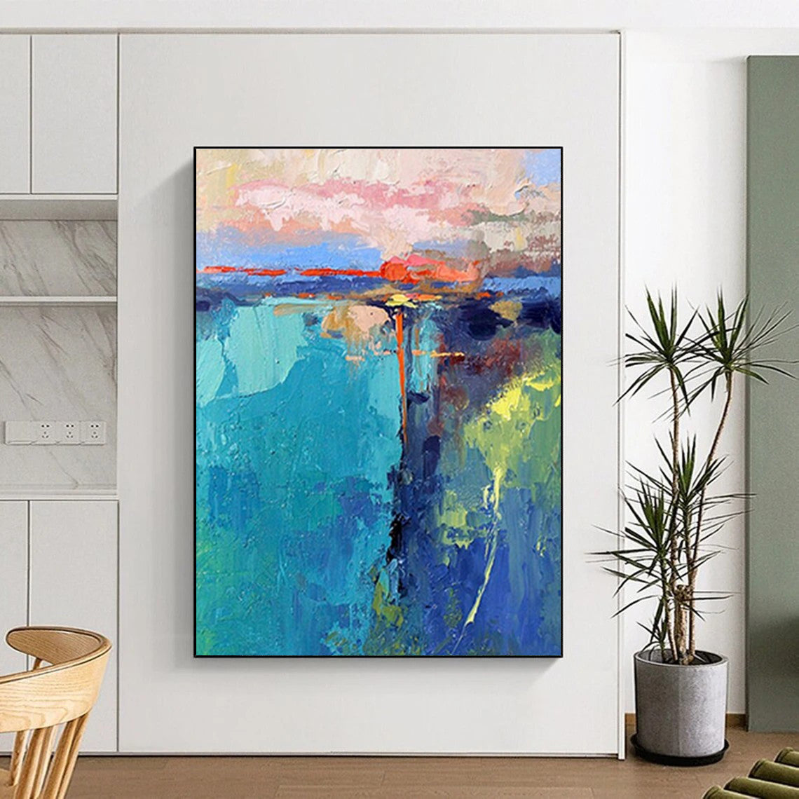 Turquoise, Pink, and Orange Abstract Coastal Painting For Sale Online WS483