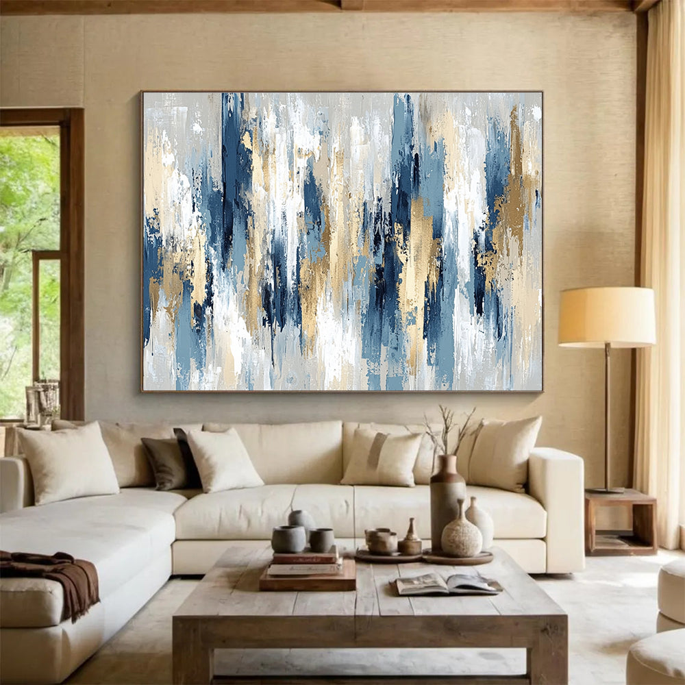 Huge Size Blue, Gold, and Beige Abstract Vertical Textures - Acrylic Painting WB294