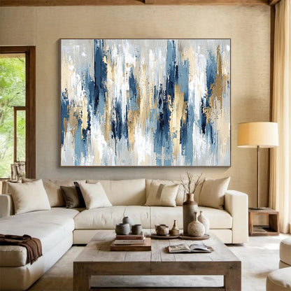 Huge Size Blue, Gold, and Beige Abstract Vertical Textures - Acrylic Painting WB294