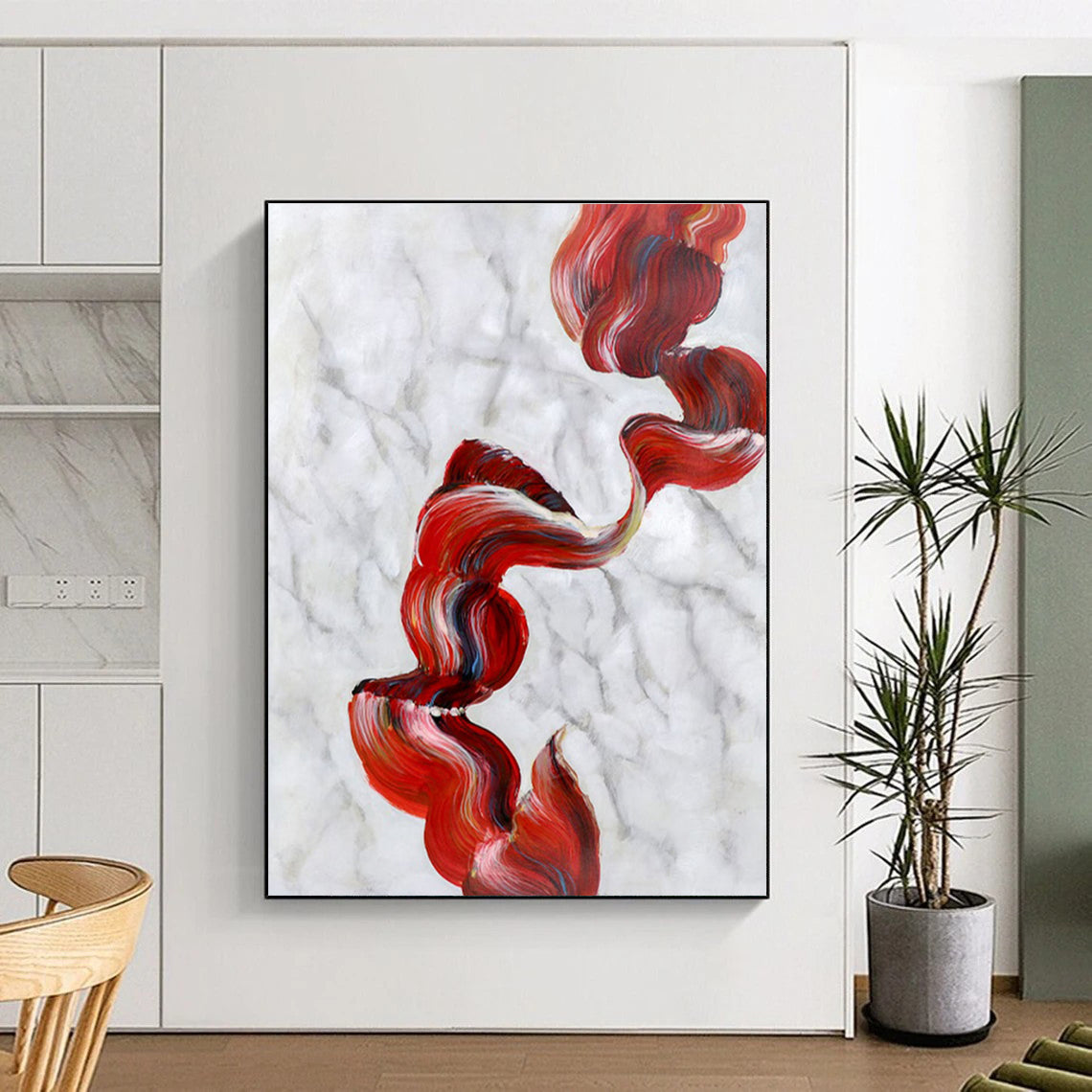 Handmade Art Red & White Abstract Flowing Ribbon Art HS396