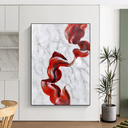 Handmade Art Red & White Abstract Flowing Ribbon Art HS396