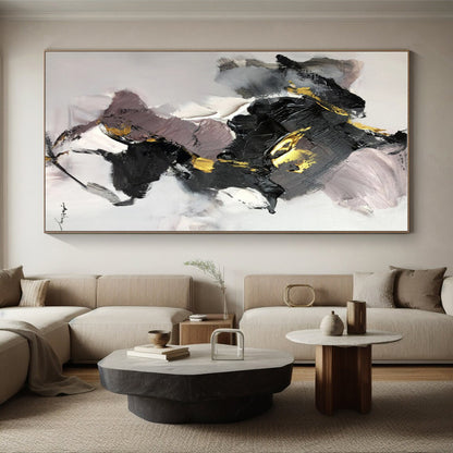 Oversized Abstract Wall Art with Black, Gray, White and Gold Colors, Energetic Abstract Theme HS476