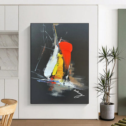 Hand-Painted Art with Red, Yellow, White and Black Colors, Dynamic Abstract Theme on Black Background HS478