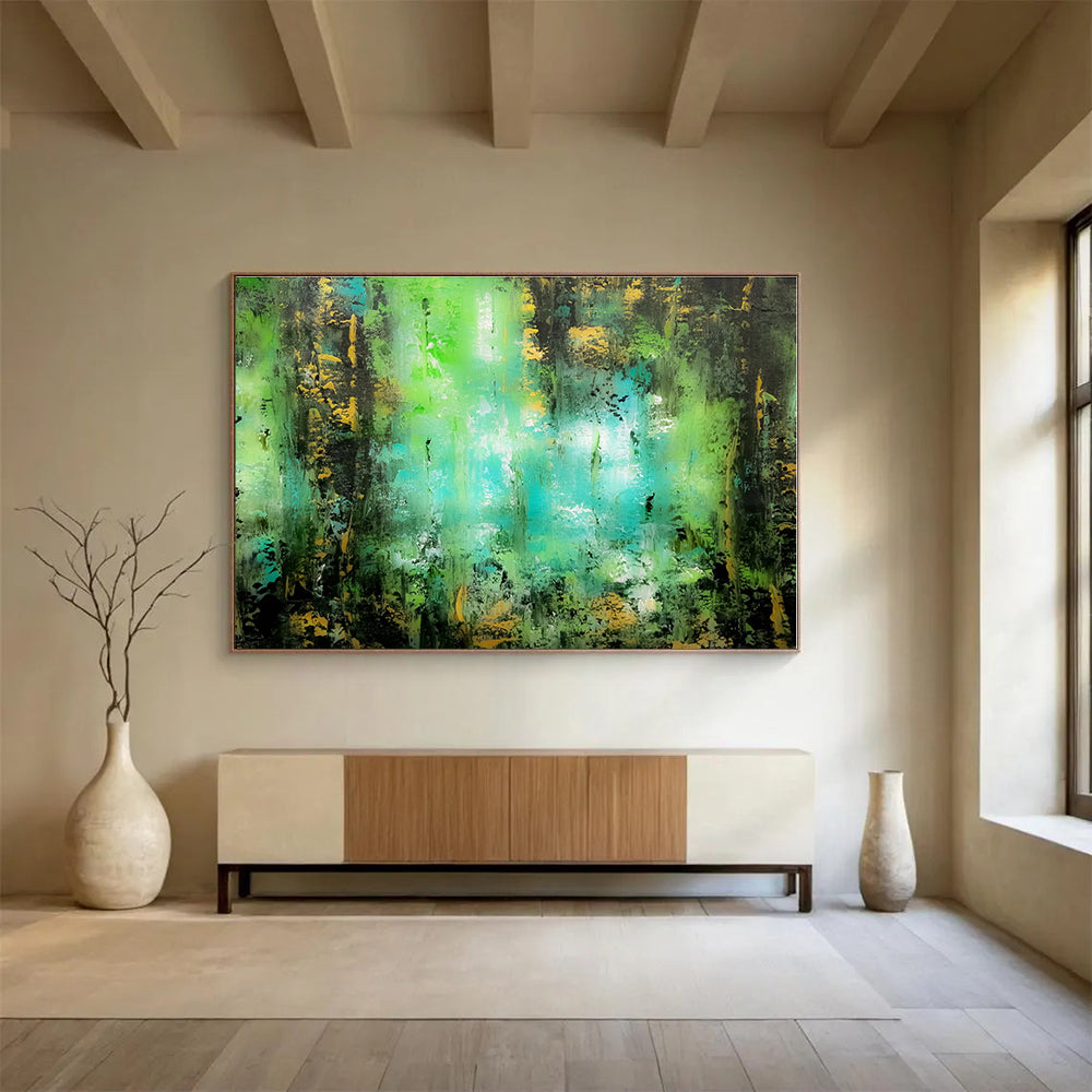 Horizontal Green and Turquoise Abstract Forest Scene, Abstract Acrylic Painting WB161