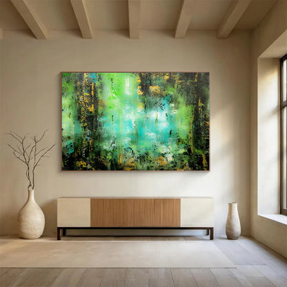 Horizontal Green and Turquoise Abstract Forest Scene, Abstract Acrylic Painting WB161