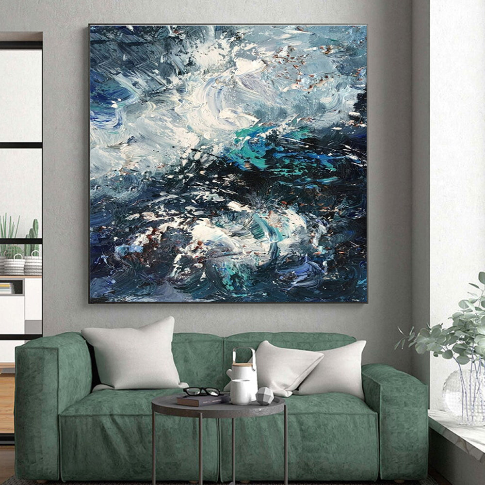 Handmade Art Blue, Teal, and White Textured Abstract Art HS756