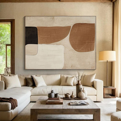 Hand Painting Beige, Brown, and Black Abstract Shape Painting For Sale HS079