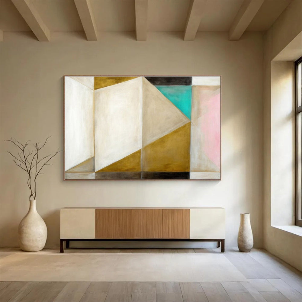 Hand Painted Art: Neutral Gold Teal and Pink Geometric Abstract Painting WB348
