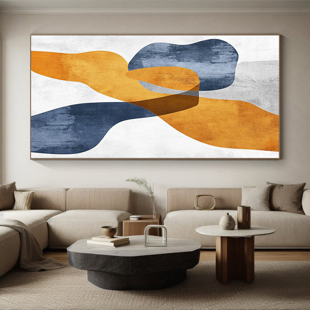 Unique Abstract Art Orange, Blue, and White Abstract Shape Painting For Sale HS124