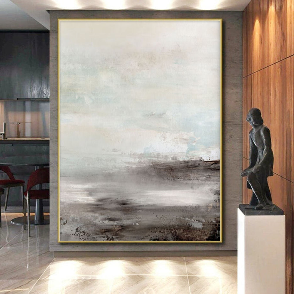 Hand-Painted Gray & Beige Textured Landscape, Large Contemporary Wall Art HS238
