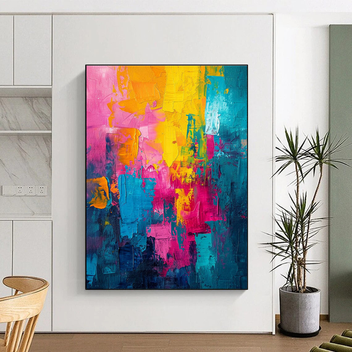 Handmade Art Yellow, Pink, Teal, and Blue Abstract Art HS657