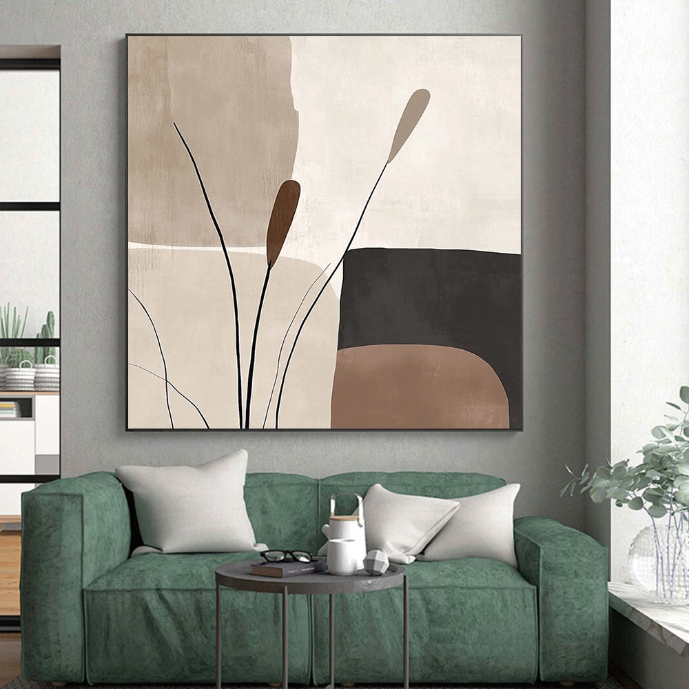 Handmade Art Beige, Brown, and Black Abstract Nature Painting For Sale HS135