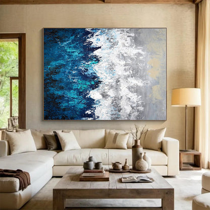 Hand Painting Blue, Gray & White Textured Abstract Mountain Art HS382