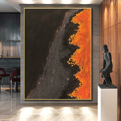 Hand-Painted Black, Gray, and Orange Abstract Textured Painting For Sale HS141