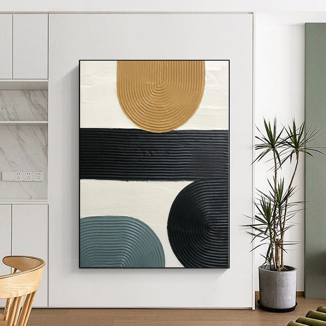Hand-Painted Beige, Black, Gray, and White Abstract Curved Line Textured Painting For Sale HS037