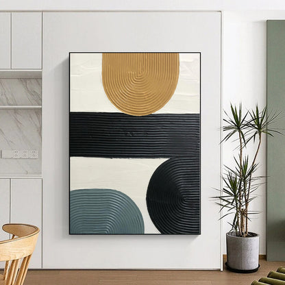 Hand-Painted Beige, Black, Gray, and White Abstract Curved Line Textured Painting For Sale HS037
