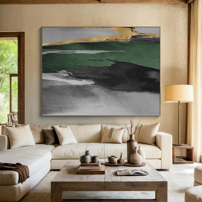 Hand-Painted Green, Black, and Gold Abstract Vertical Strokes Painting For Sale HS002