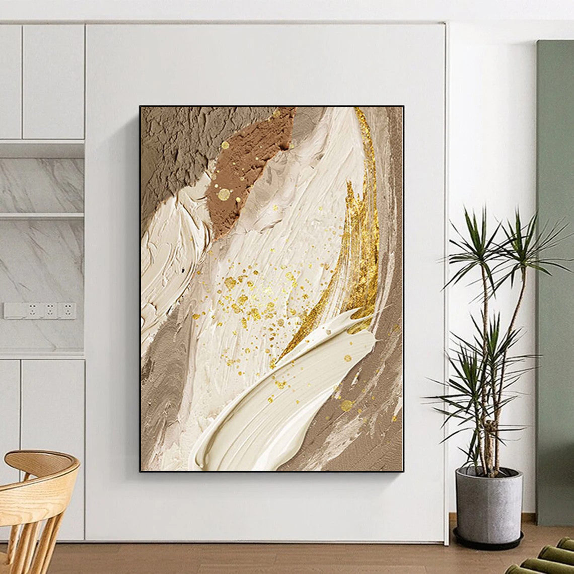 Handmade Art Beige, Gold, and Brown Abstract Textured Painting For Sale HS072