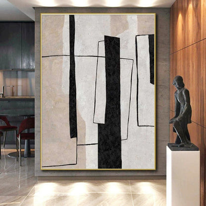 Modern Art Acrylic Black, Beige, and White Geometric Abstract Art HS680