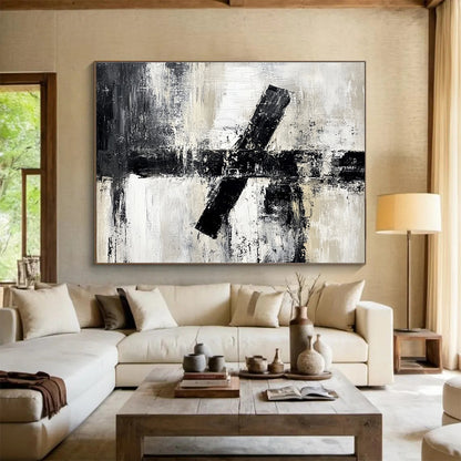 Oversized Canvas Art in Black, White, and Gray Textured Geometric Abstract Style WB260