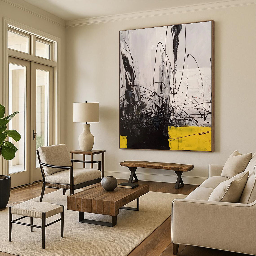 Hand-Painted Black, White & Yellow Gestural Abstract, Acrylic Modern Art Painting HS221