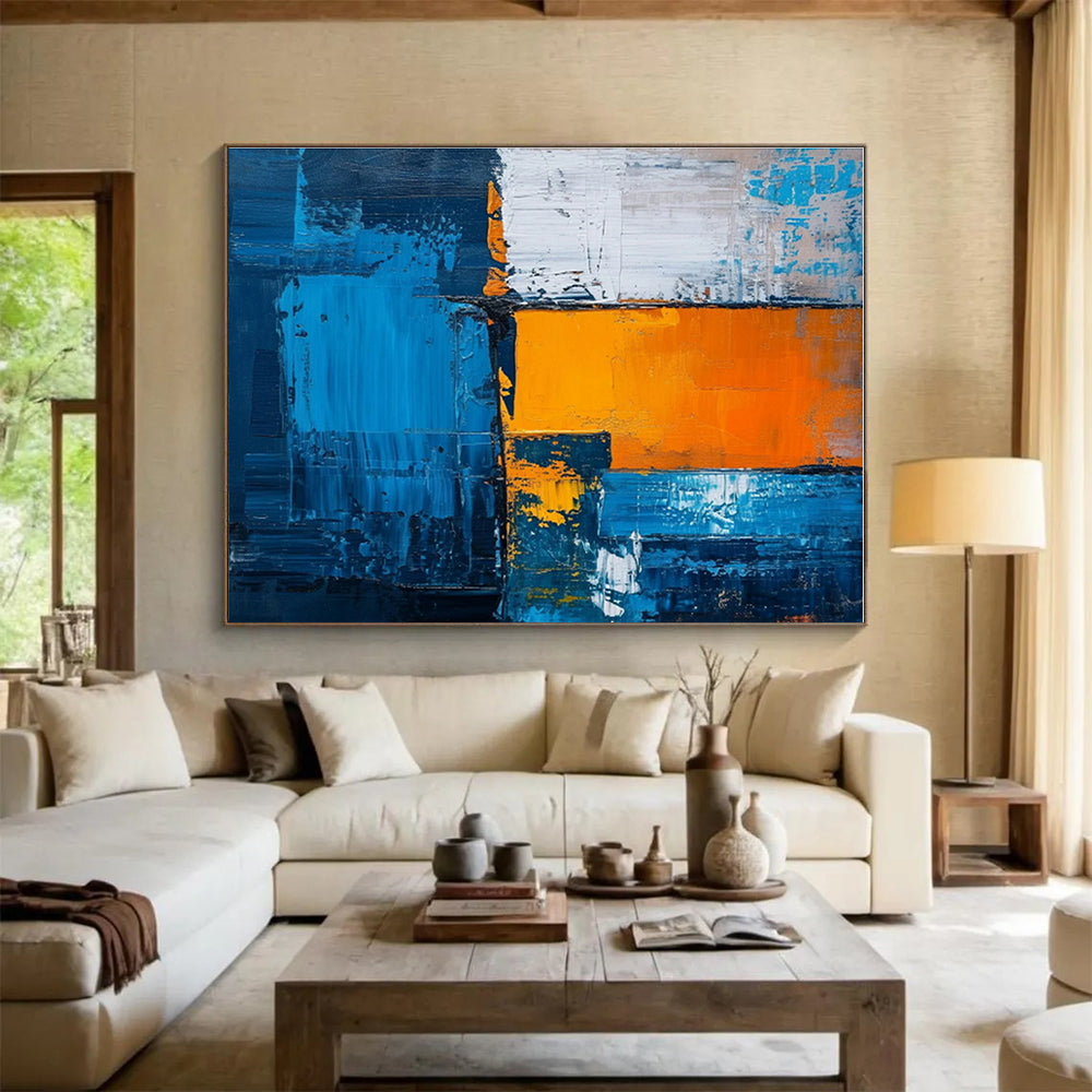 Huge Size Blue and Orange Abstract Geometric Painting WB068