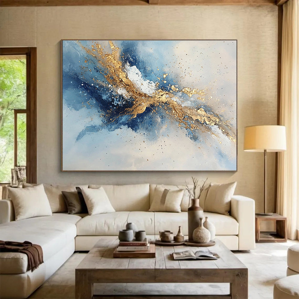 Oversized Canvas Art in Blue, Gold, and White Textured Abstract Style WB264