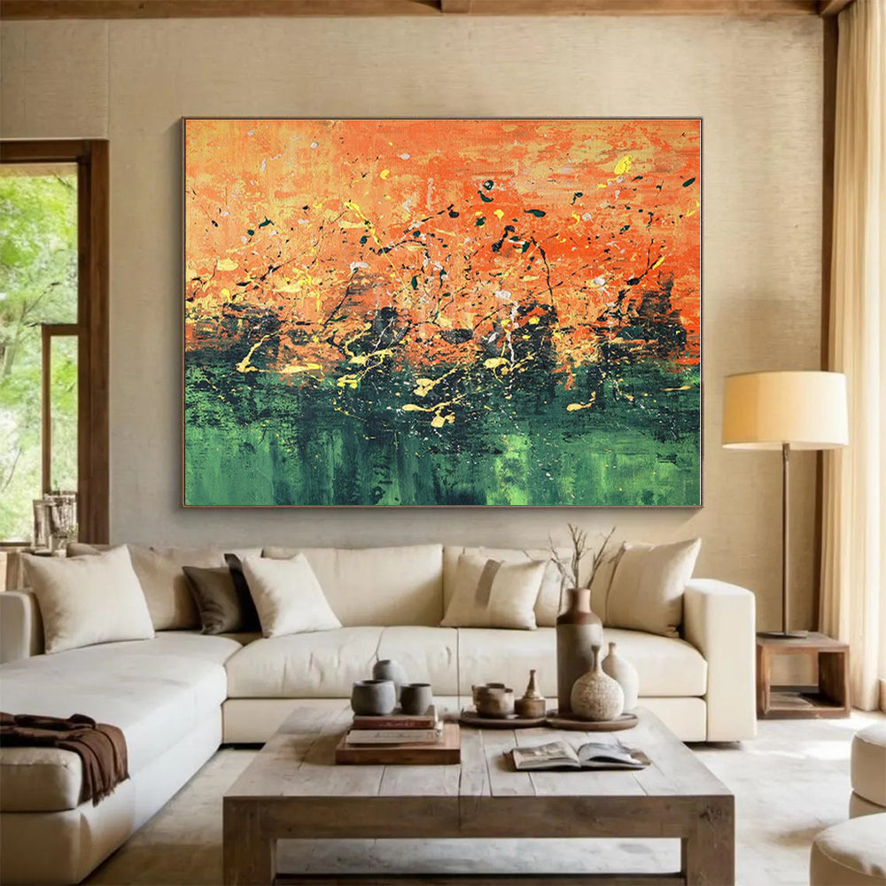 Oversized Canvas Art Orange and Green Abstract Splatter Painting WB053