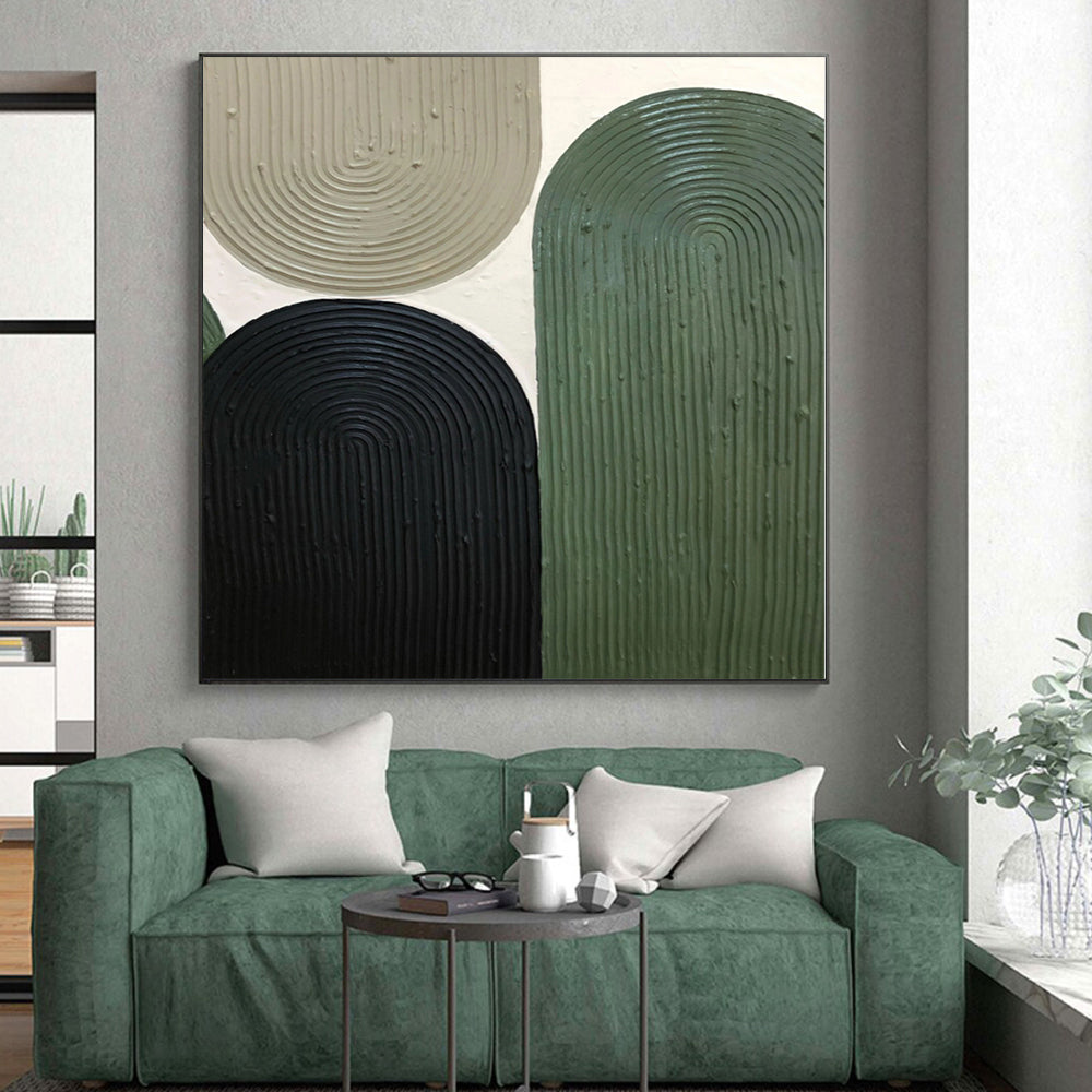 Hand-Painted Green, Black, and Beige Abstract Curved Shape Textured Painting For Sale HS030