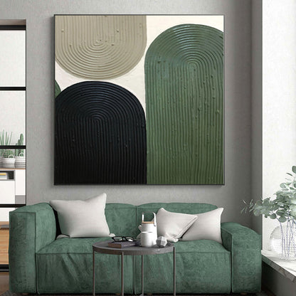 Hand-Painted Green, Black, and Beige Abstract Curved Shape Textured Painting For Sale HS030