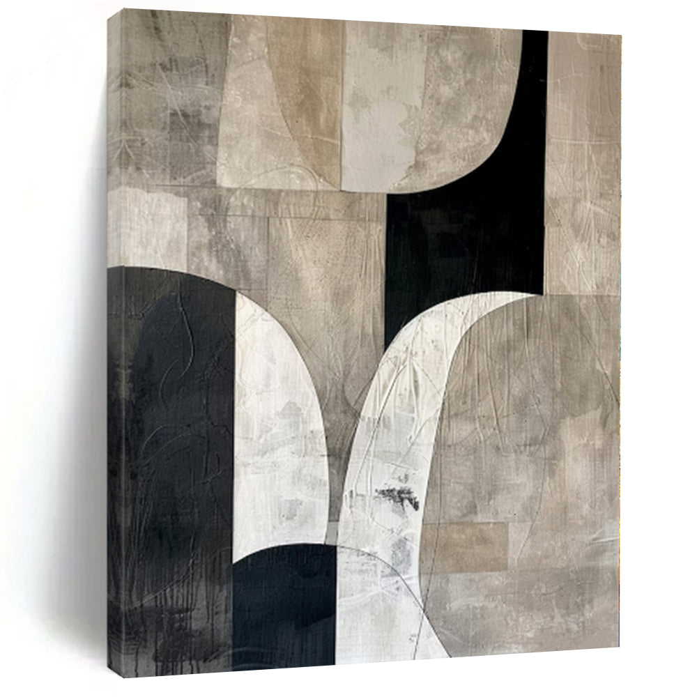 Hand-Painted Black, White, and Beige Abstract Geometric Shape Painting For Sale HS062
