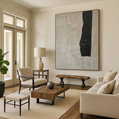 Hand-Painted Beige and Black Abstract Geometric Line Painting For Sale HS027