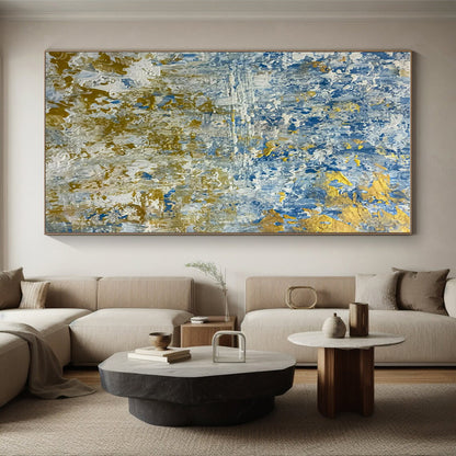 Hand Painted Art Blue, Gold, and White Textured Abstract Landscape HS726