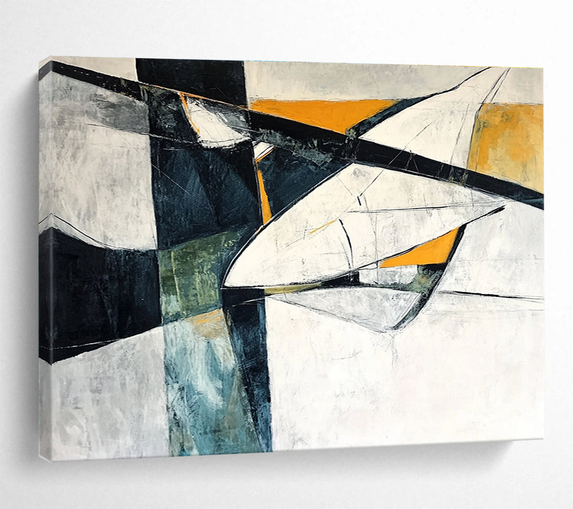 Modern Art Abstract Paintings with Black, White, Orange and Teal Colors, Geometric Abstract Theme WB312