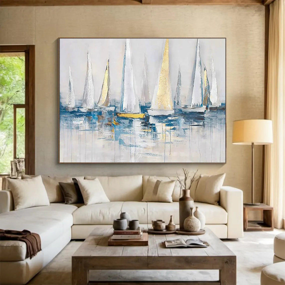 Oversized Canvas Art in Blue, White, and Gold Abstract Sailboat Style WB228