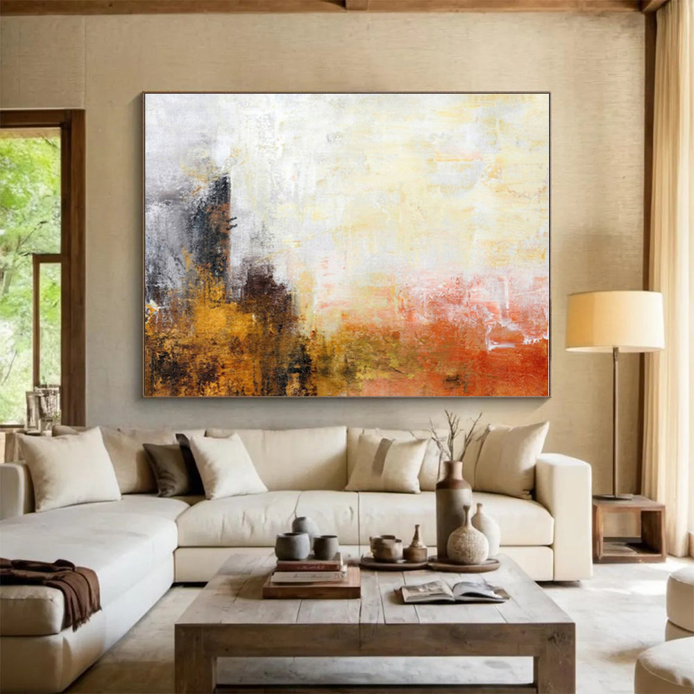 Unique Abstract Art Orange, Yellow & Gray Textured Abstract, Large Contemporary Wall Art HS292
