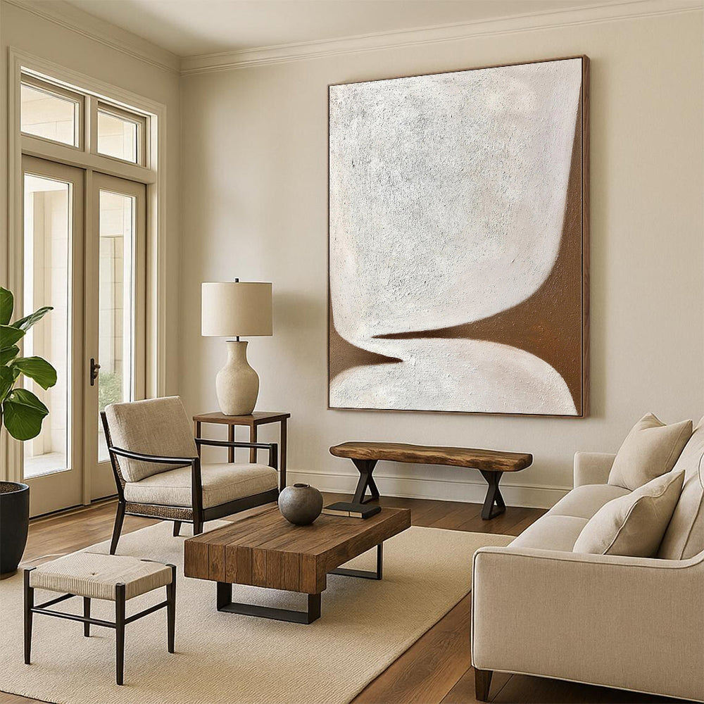 Hand-Painted White and Brown Abstract Shape Painting For Sale HS039