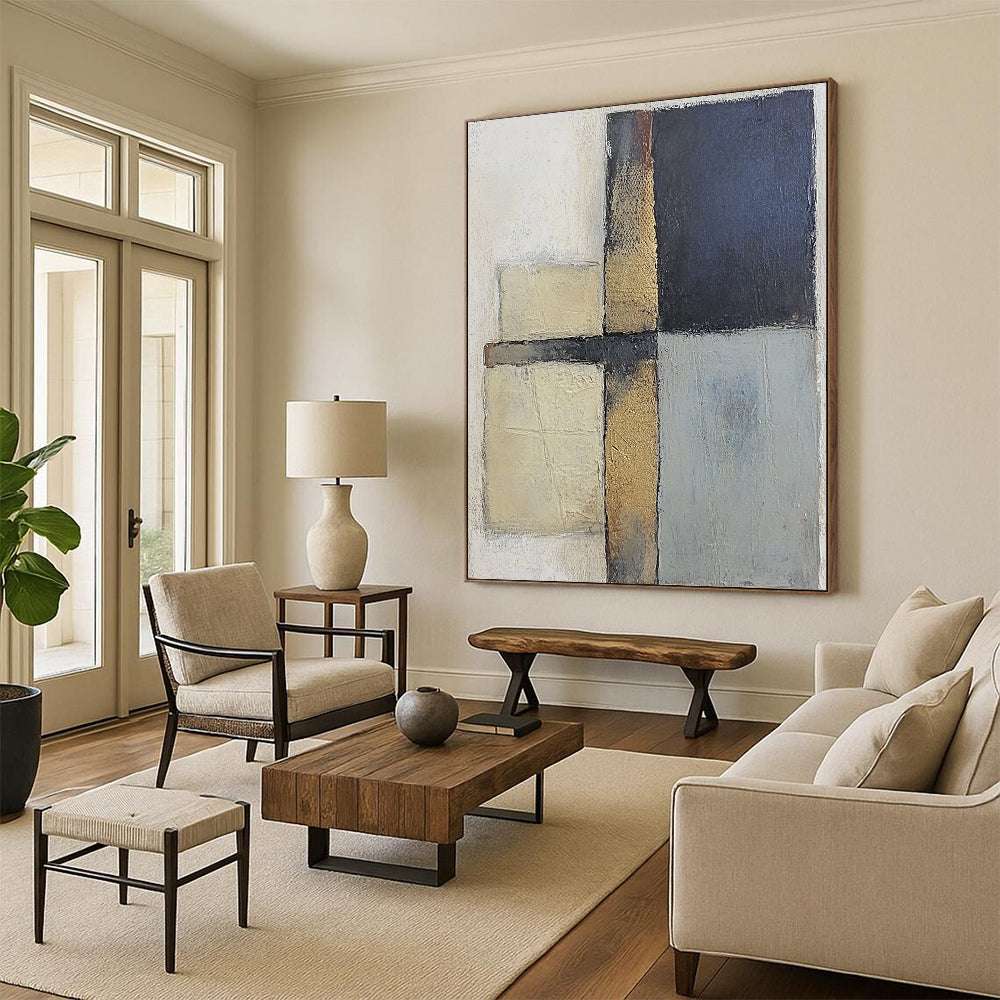 Modern Art Acrylic Beige, Black, and Gold Abstract Geometric Painting For Sale HS159