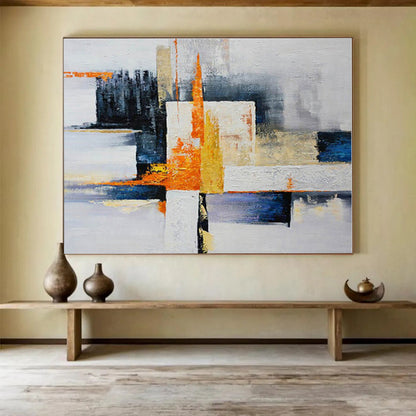 Large Size Orange, Yellow, Blue and White Abstract Geometric Painting WB065