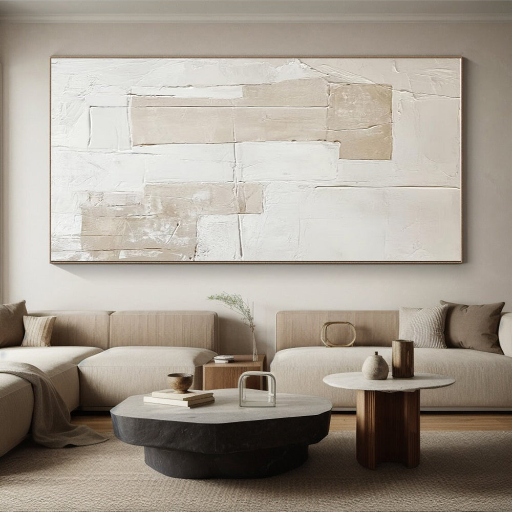 Large Contemporary Wall Art Beige and White Textured Abstract Art HS745