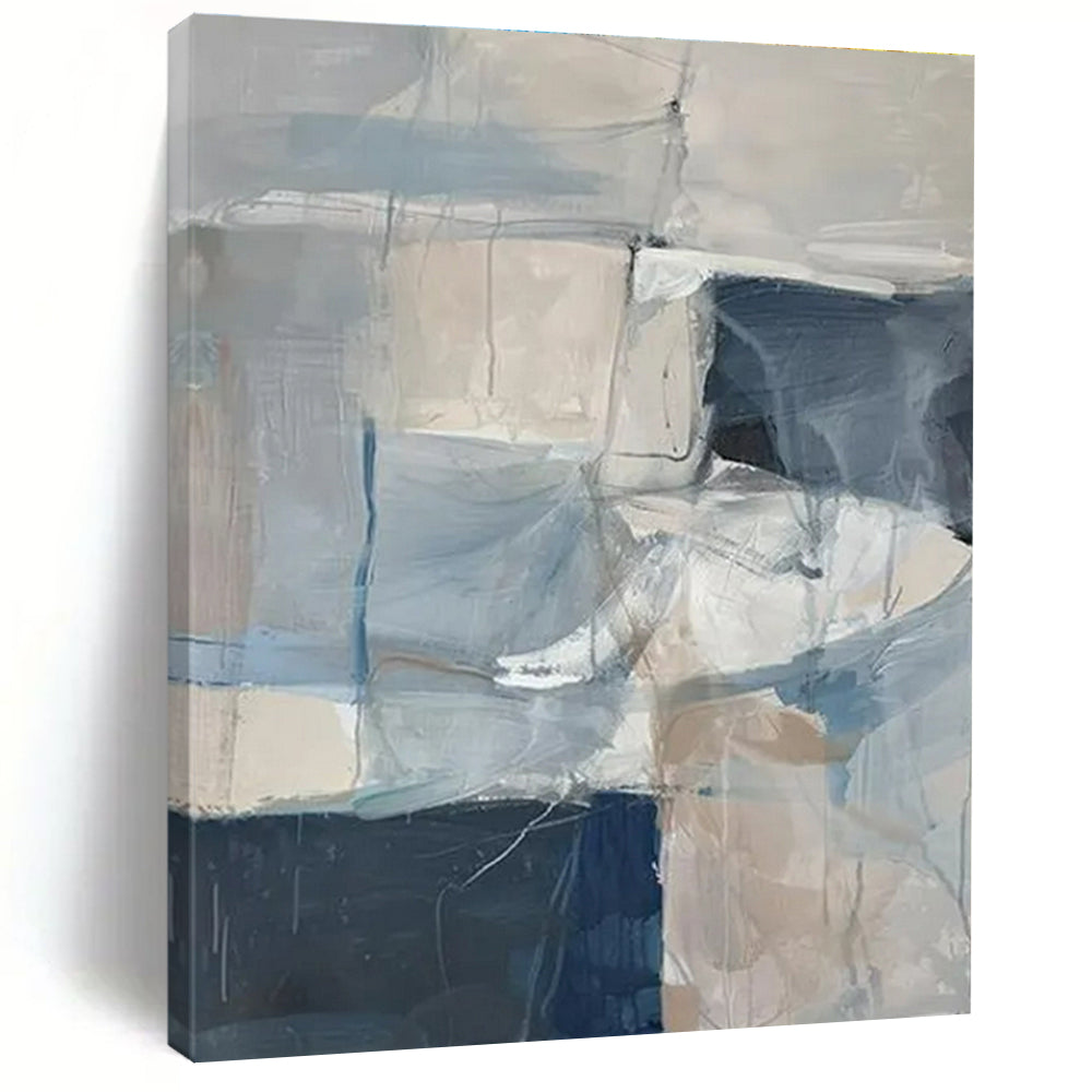 Modern Art Acrylic Blue, Gray, and Beige Geometric Abstract Art HS722