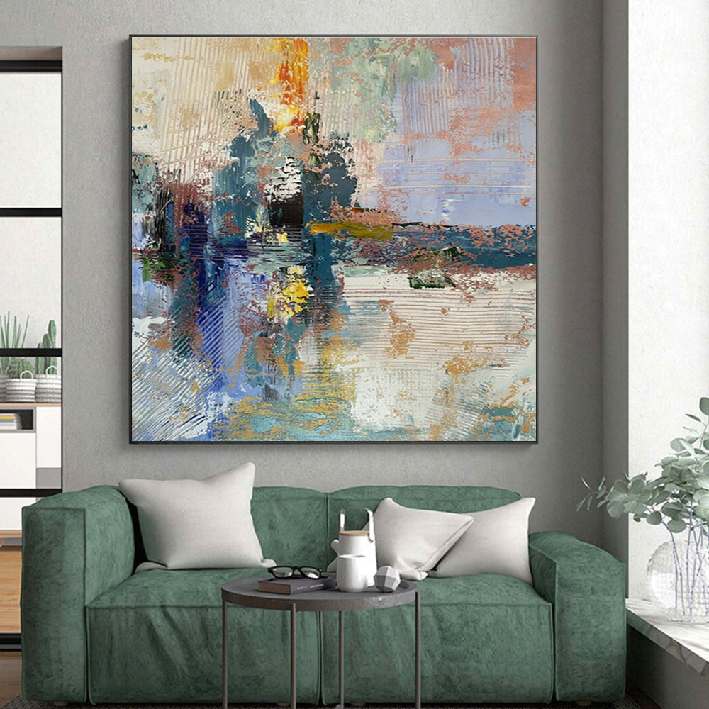Acrylic Modern Art Paintings Blue, Gold, and Pink Textured Abstract Painting On Canvas HS772