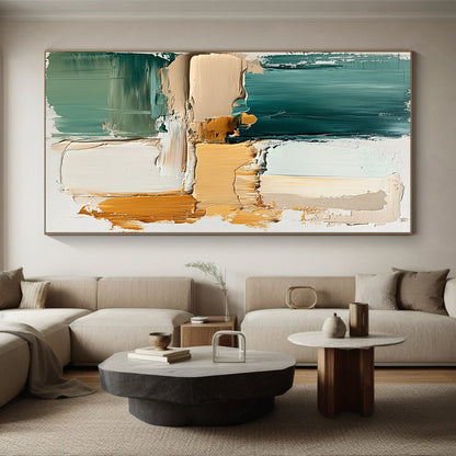 Hand Painted Art Teal and Neutral Geometric Abstract Painting HS173