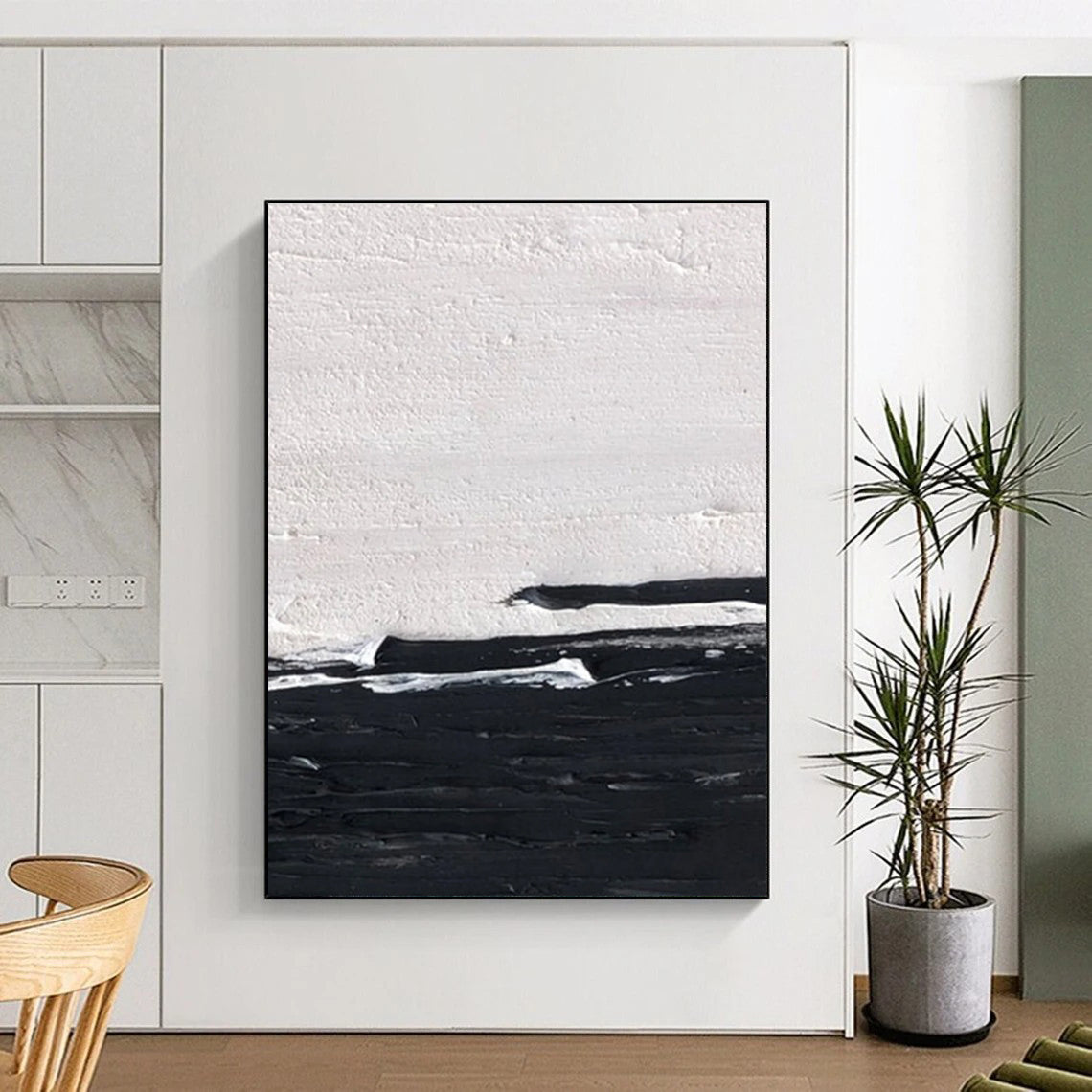 Minimalist Canvas Art Black & White Textured Abstract, Handmade Art HS273