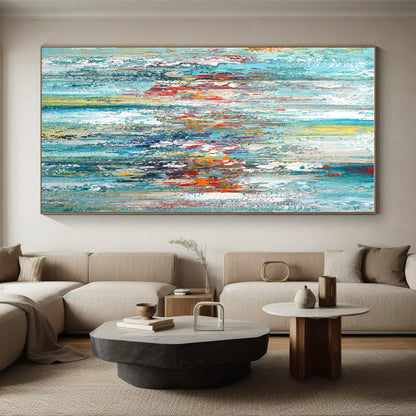 Hand-Painted Turquoise, Red & Yellow Abstract Vertical Strokes Art HS381