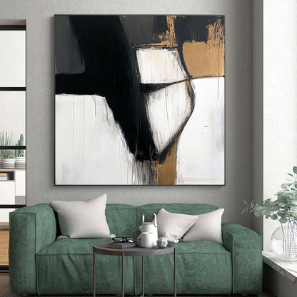 Acrylic Modern Art Paintings Black, White, and Gold Abstract Shape Painting For Sale HS154